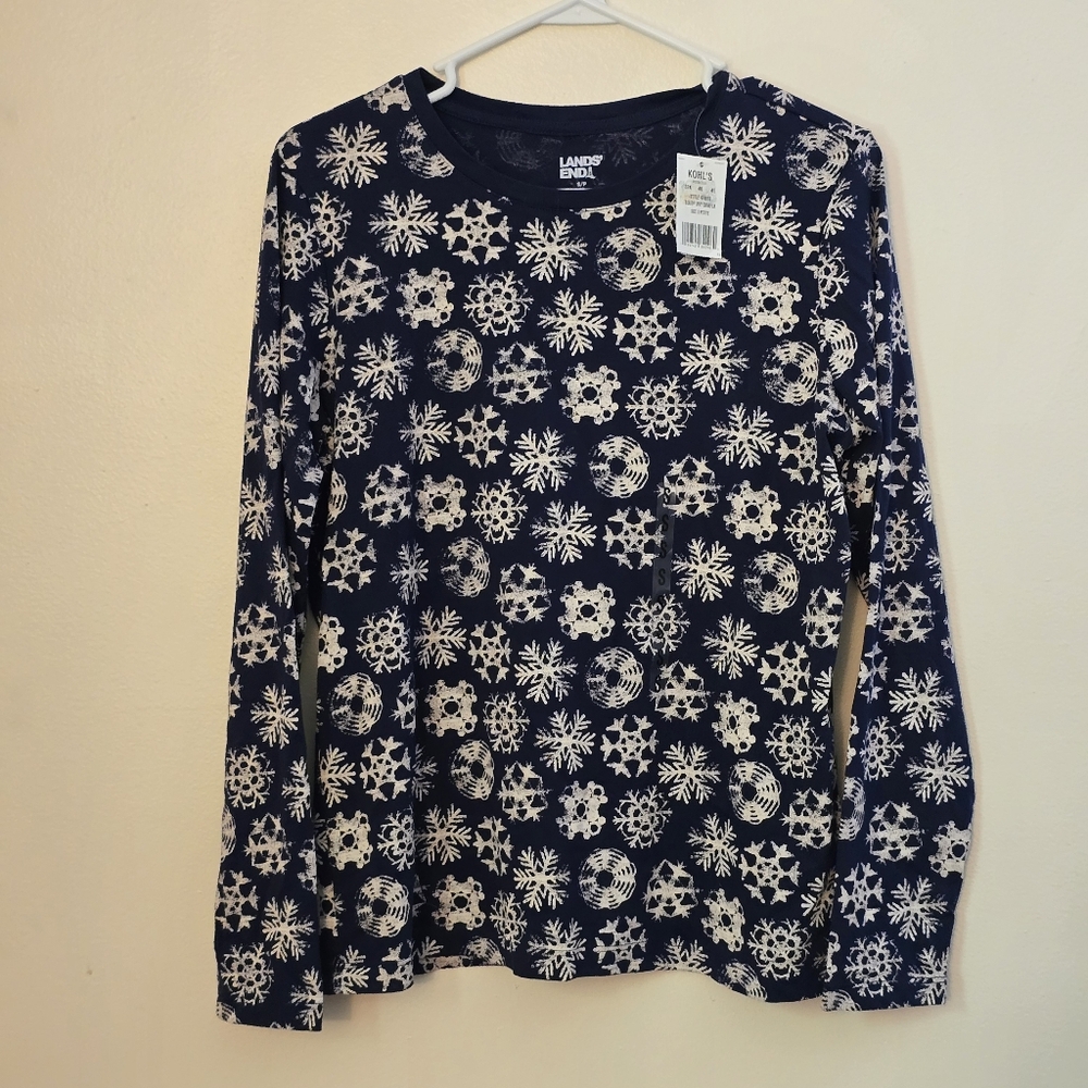 NWT Lands End Women's Small Petite Navy Snowflake Long Sleeve Blouse